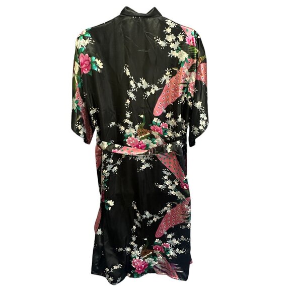 Womens Black Satin Kimono Robe Peacock and Blossoms Nightgown Sleepwear O/S - Picture 6 of 9